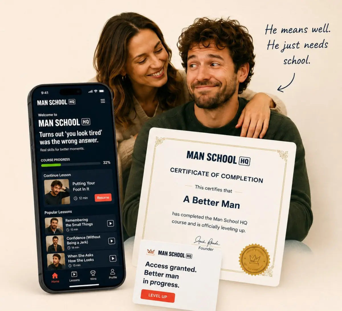 Man and woman smiling together with ManSchoolHQ course app and certificate of completion