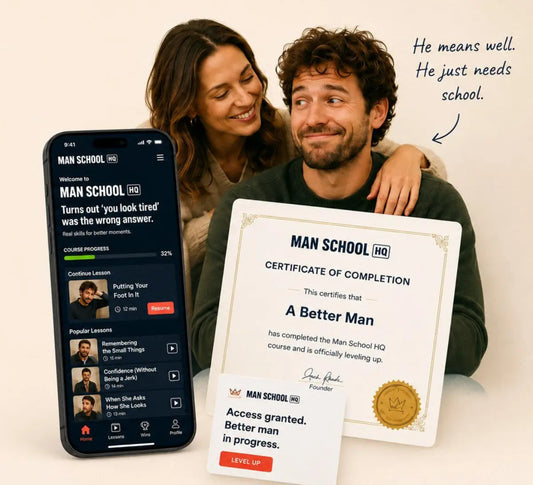 Man and woman smiling together with ManSchoolHQ course app and certificate of completion